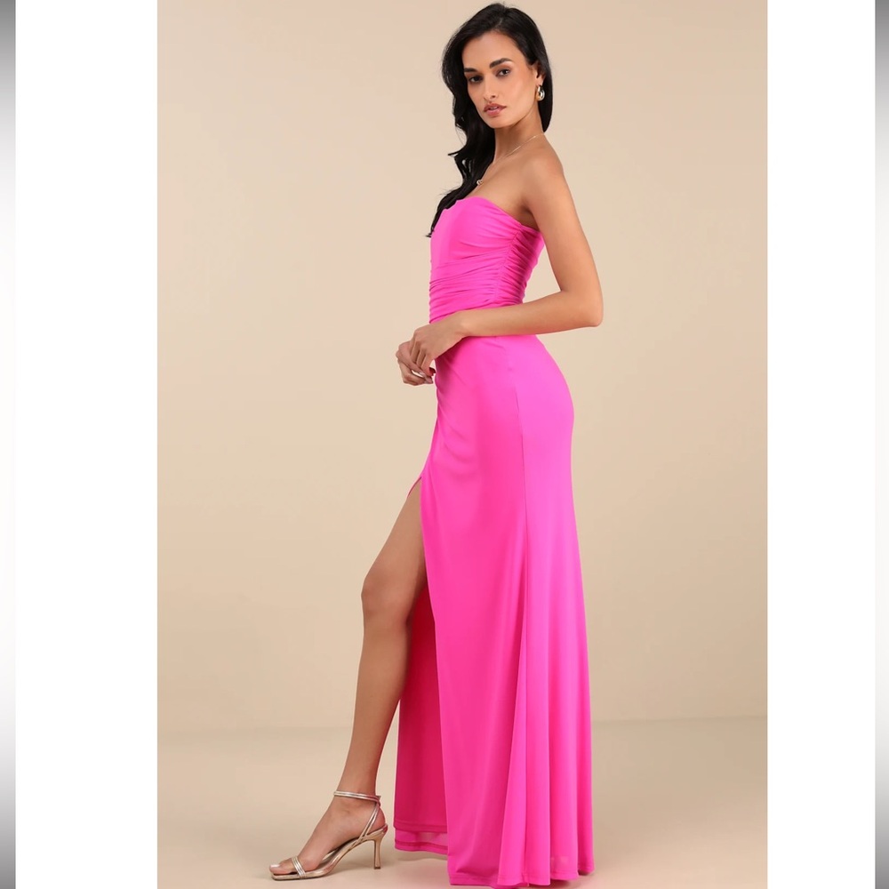 Lulus Epitome of Allure Hot Pink Mesh Strapless Ruched  Maxi Dress NWT  XS